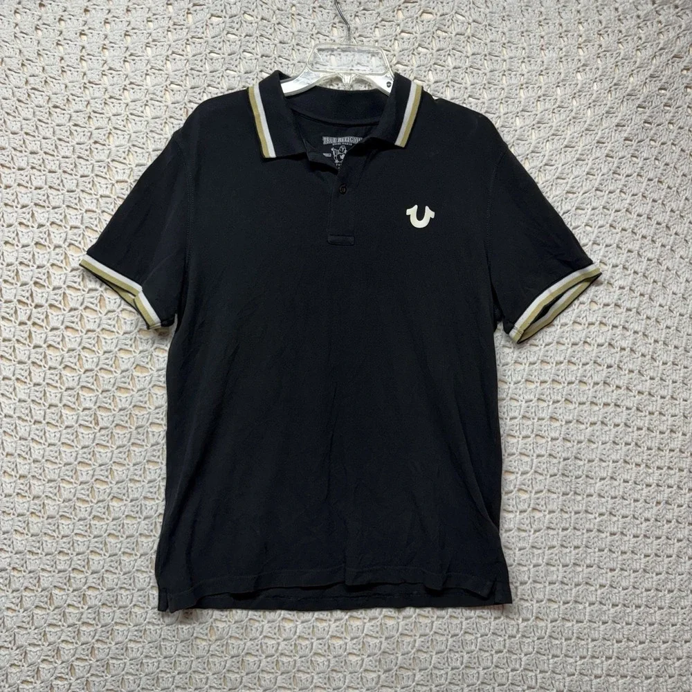 True Religion Polo Shirt Mens Size L Black‎ Crafted With Pride Short Sleeve Flaw